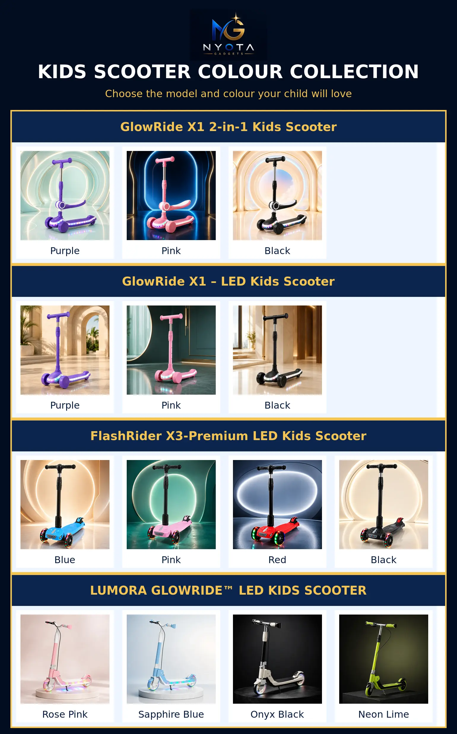 Nyota Gadgets official kids scooter colour chart showing all four models and every available colour